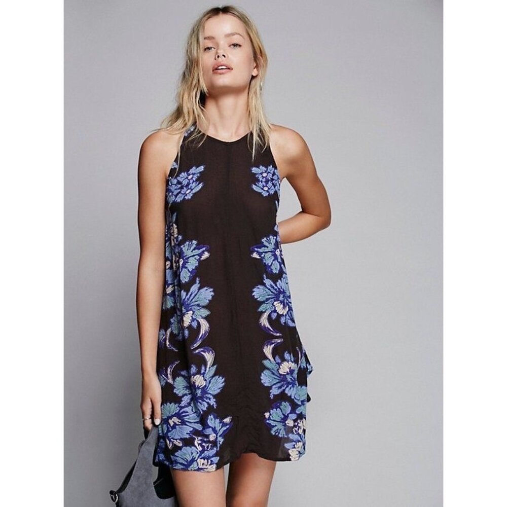 Free People Blue Floral Print Lace Up Sides Slip Dress - Picture 2 of 16